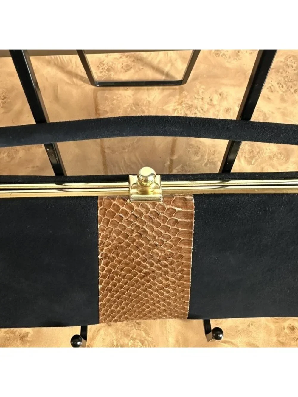 Vintage Town & Country Black Suede Clutch Python Snakeskin Trim Gold Frame MCM